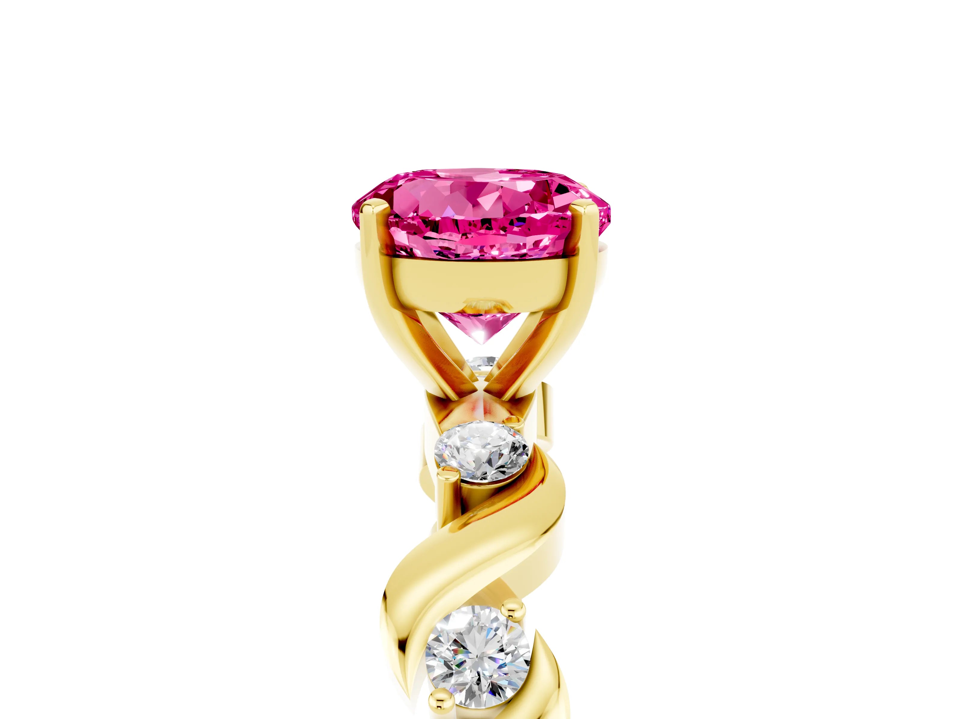 Yellow gold Round Cut Pink Sapphire Solitaire Twisted Band with Round  Accents and Prong Setting_17