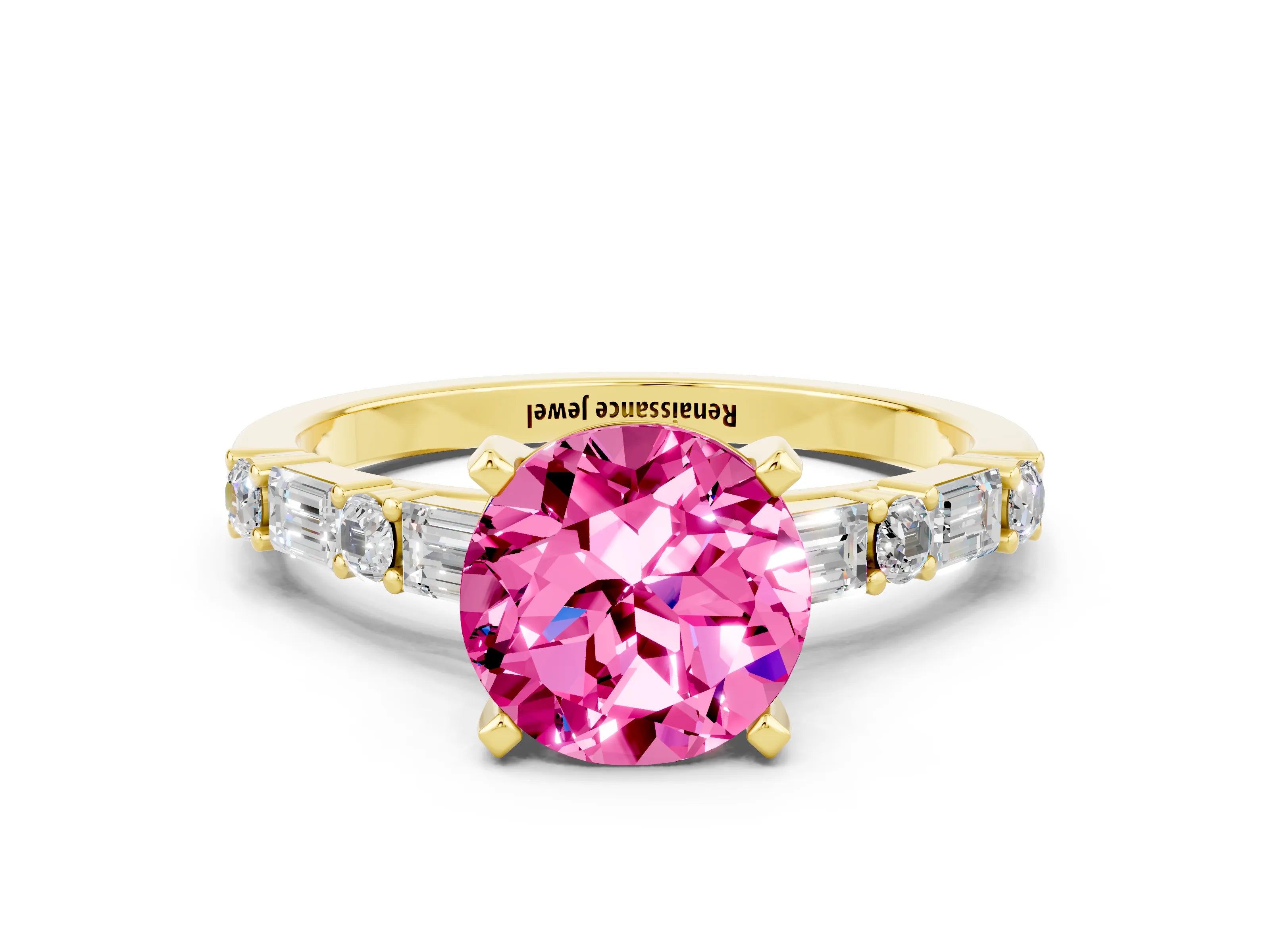 Yellow gold Round Cut Pink Sapphire Solitaire with Side Baguettes and Channel Set Band_24