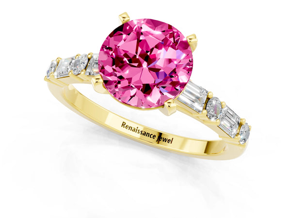 Yellow gold Round Cut Pink Sapphire Solitaire with Side Baguettes and Channel Set Band