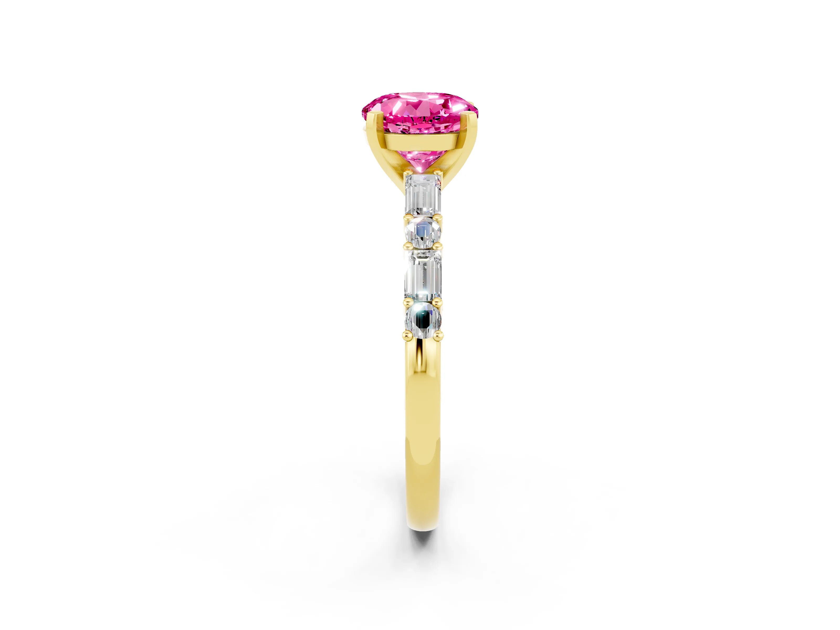 Yellow gold Round Cut Pink Sapphire Solitaire with Side Baguettes and Channel Set Band_26