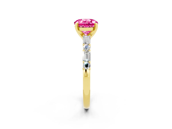 Yellow gold Round Cut Pink Sapphire Solitaire with Side Baguettes and Channel Set Band