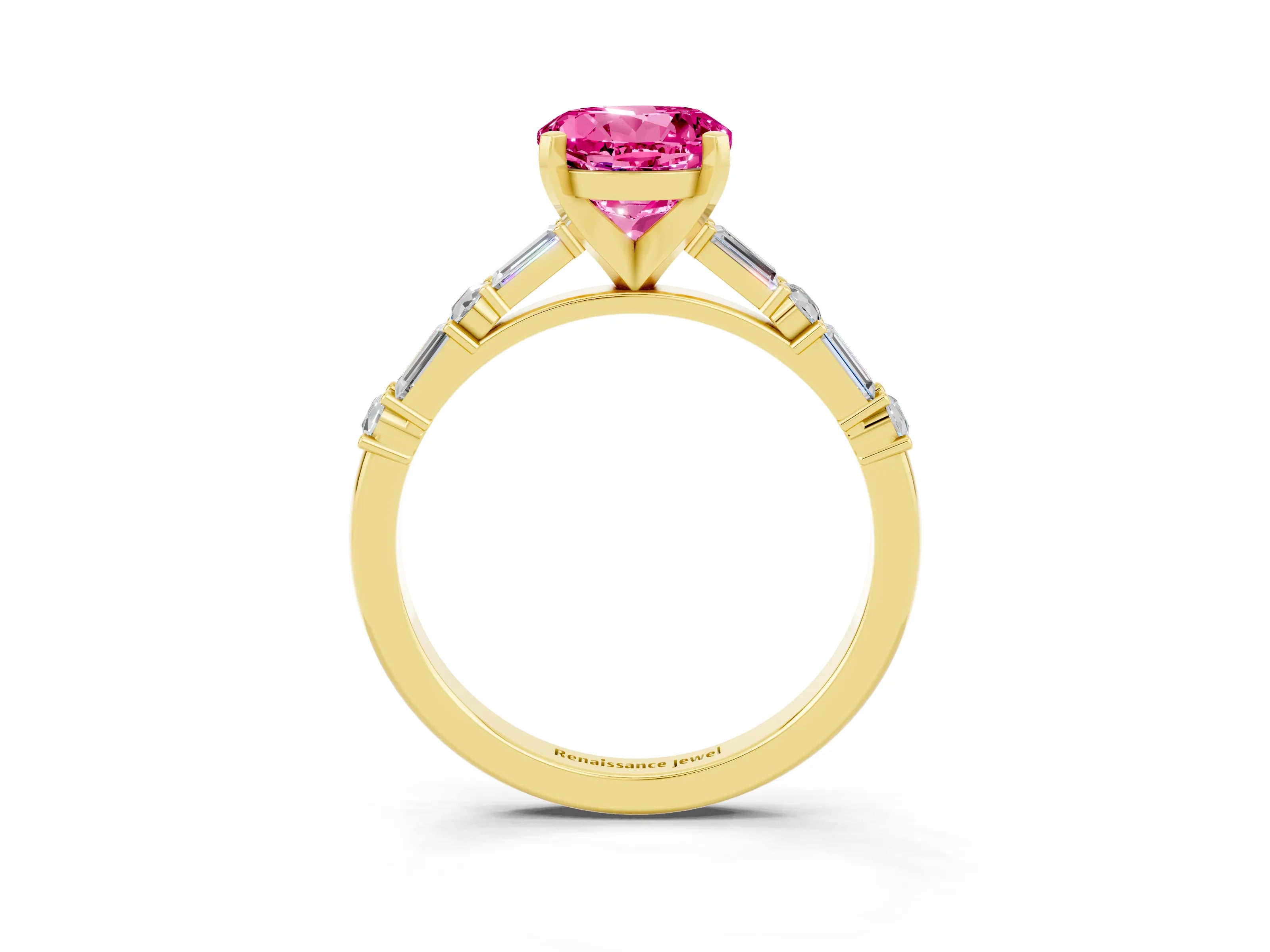 Yellow gold Round Cut Pink Sapphire Solitaire with Side Baguettes and Channel Set Band_27