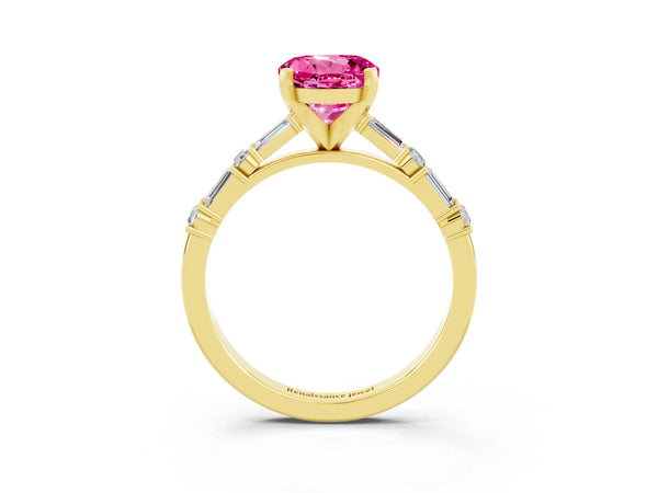 Yellow gold Round Cut Pink Sapphire Solitaire with Side Baguettes and Channel Set Band