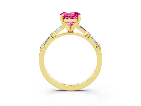 Yellow gold Round Cut Pink Sapphire Solitaire with Side Baguettes and Channel Set Band_27