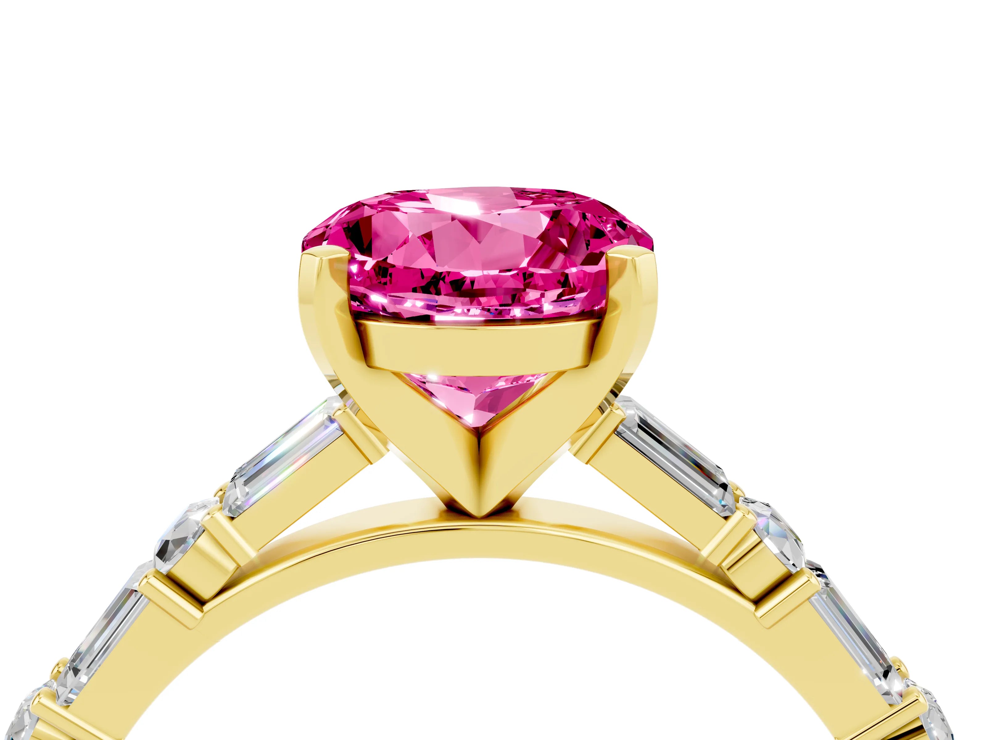 Yellow gold Round Cut Pink Sapphire Solitaire with Side Baguettes and Channel Set Band_28