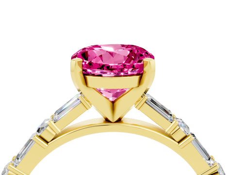 Yellow gold Round Cut Pink Sapphire Solitaire with Side Baguettes and Channel Set Band_28