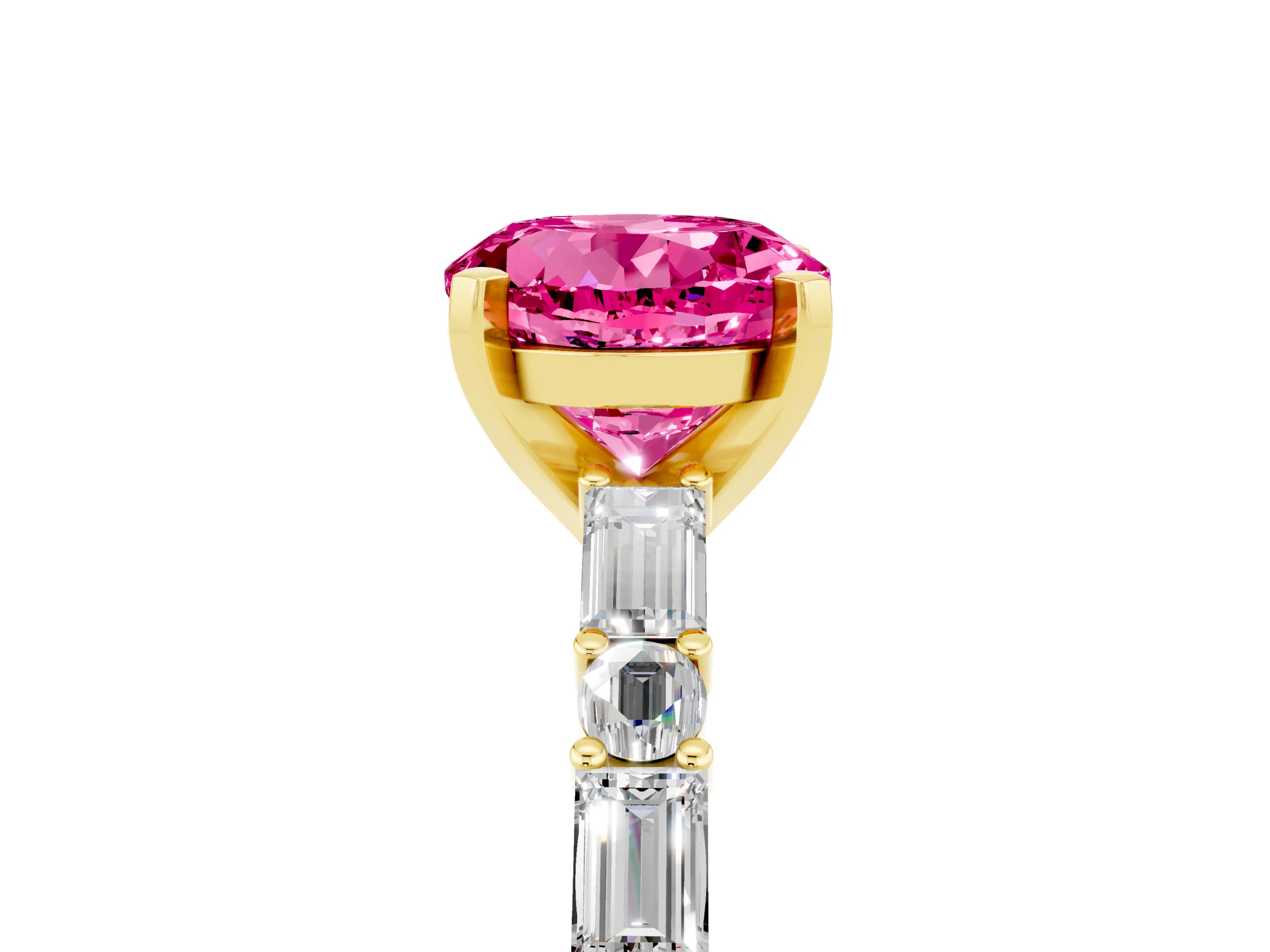 Yellow gold Round Cut Pink Sapphire Solitaire with Side Baguettes and Channel Set Band_29