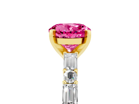 Yellow gold Round Cut Pink Sapphire Solitaire with Side Baguettes and Channel Set Band_29