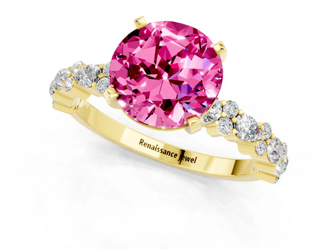 Yellow gold Round Cut Pink Sapphire Solitaire with Side Stones, Pave Band, Four-Prong Setting_73