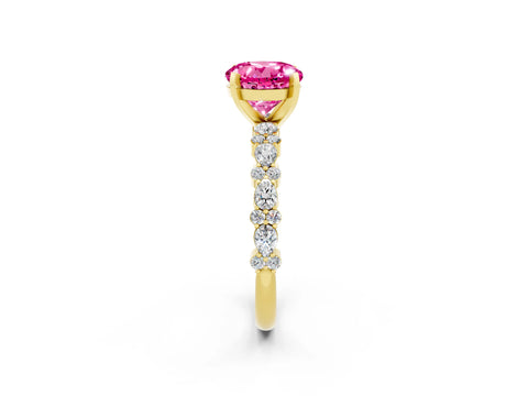 Yellow gold Round Cut Pink Sapphire Solitaire with Side Stones, Pave Band, Four-Prong Setting_74