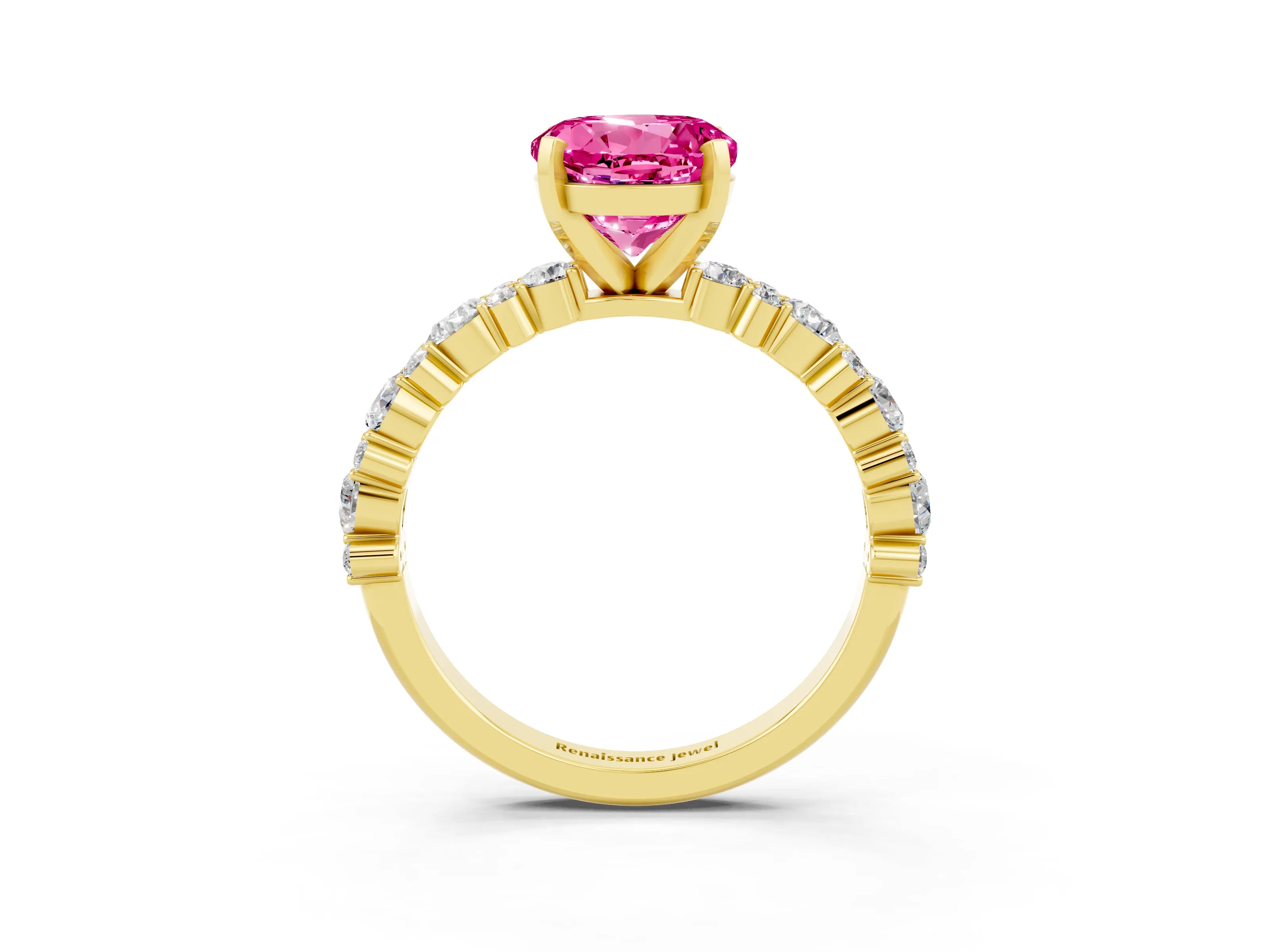 Yellow gold Round Cut Pink Sapphire Solitaire with Side Stones, Pave Band, Four-Prong Setting_75