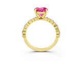 Yellow gold Round Cut Pink Sapphire Solitaire with Side Stones, Pave Band, Four-Prong Setting_75