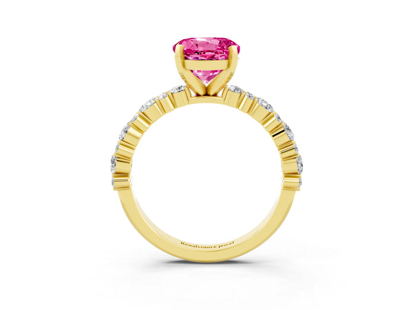 Yellow gold Round Cut Pink Sapphire Side Stone Solitaire Ring with Round  and Four-Prong Setting