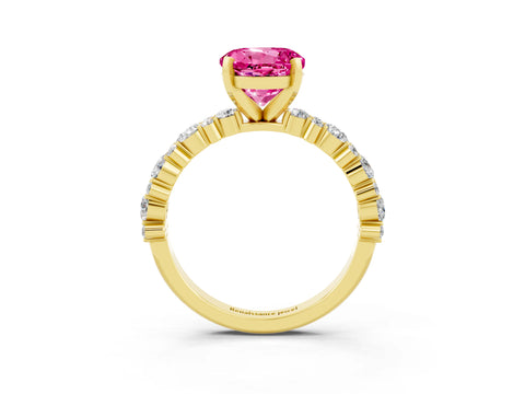 Yellow gold Round Cut Pink Sapphire Solitaire with Side Stones, Pave Band, Four-Prong Setting_75
