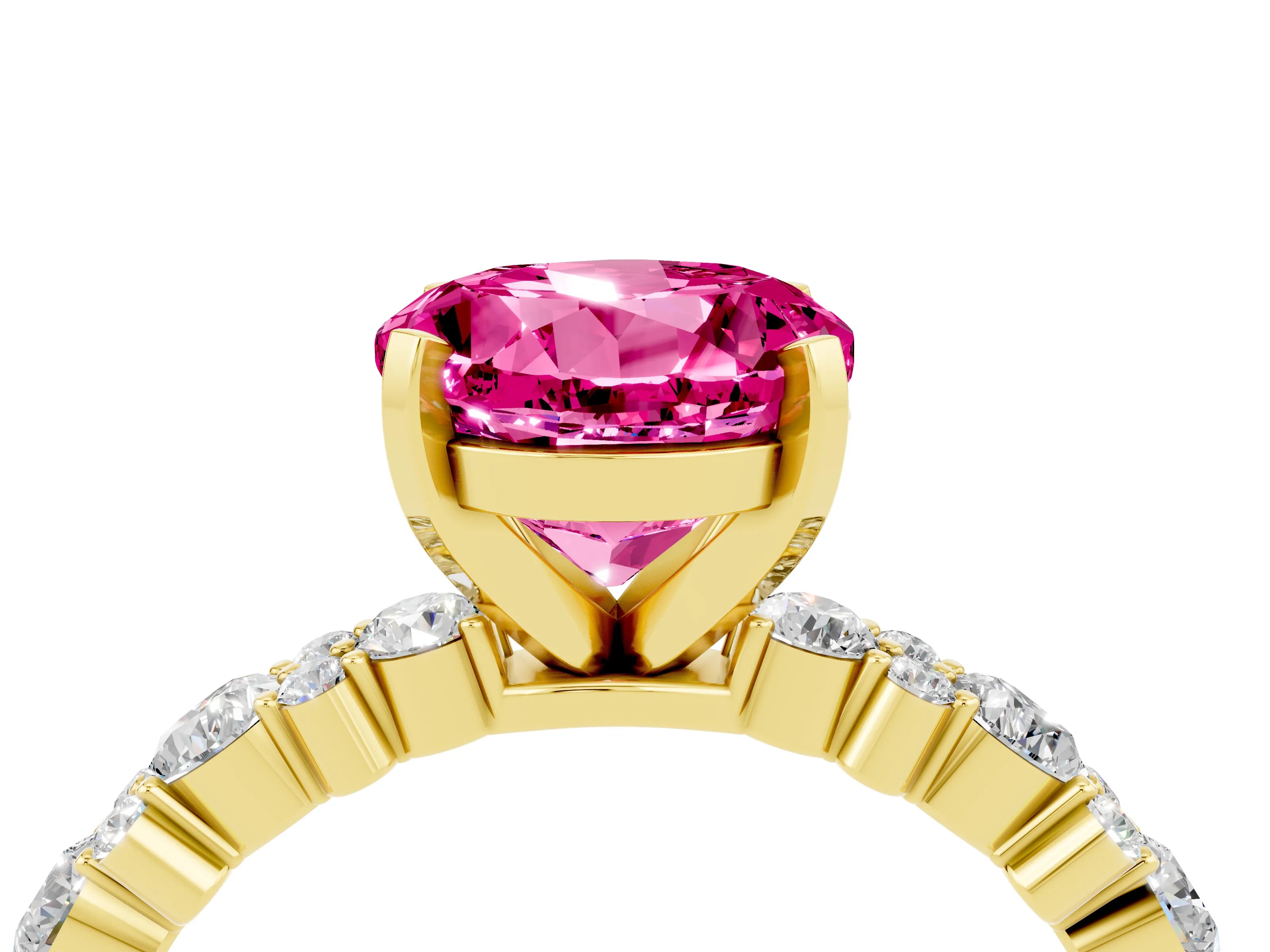 Yellow gold Round Cut Pink Sapphire Solitaire with Side Stones, Pave Band, Four-Prong Setting_76