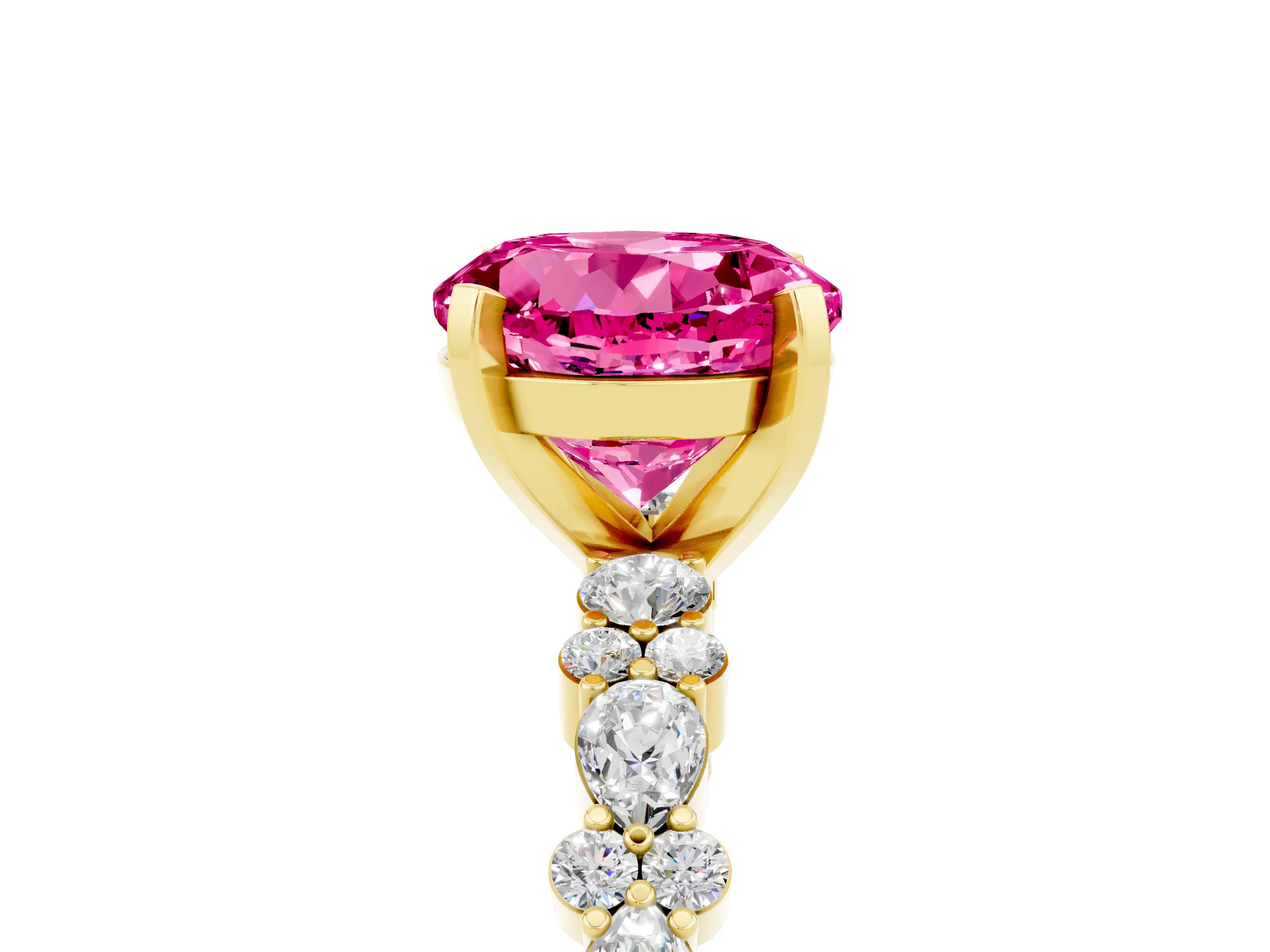 Yellow gold Round Cut Pink Sapphire Solitaire with Side Stones, Pave Band, Four-Prong Setting_77