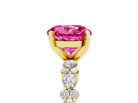 Yellow gold Round Cut Pink Sapphire Solitaire with Side Stones, Pave Band, Four-Prong Setting_77