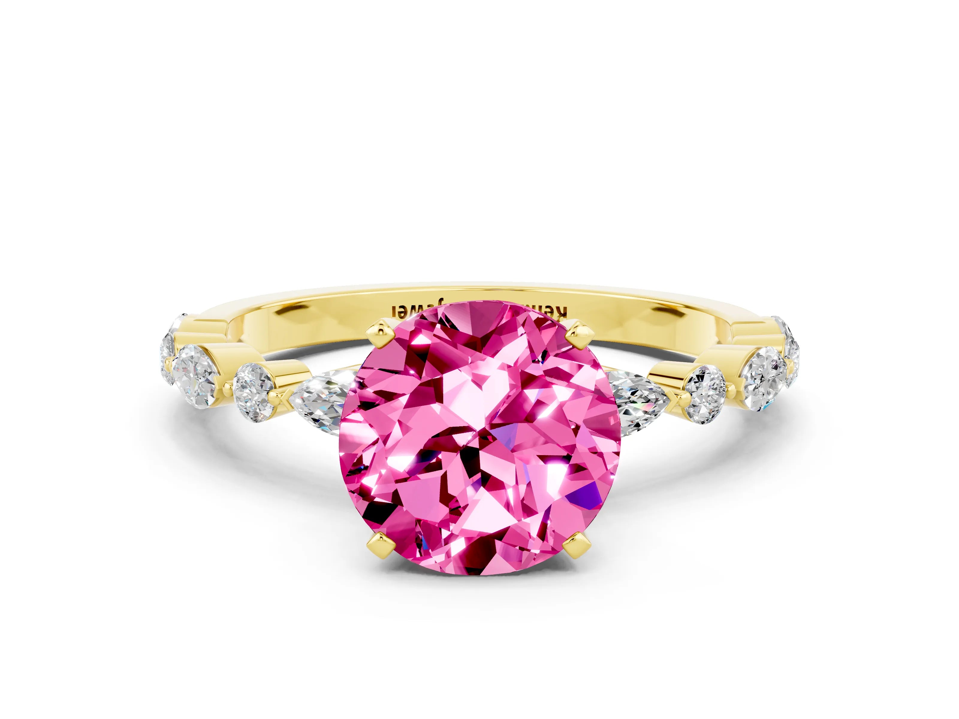 Yellow gold Round Cut Pink Sapphire Solitaire with Side Stones on a Pavé Band and Four-Prong Setting_24