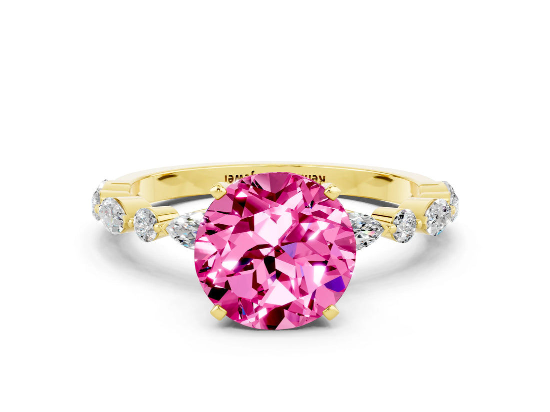 Yellow gold Round Cut Pink Sapphire Solitaire with Side Stones on a Pavé Band and Four-Prong Setting_24