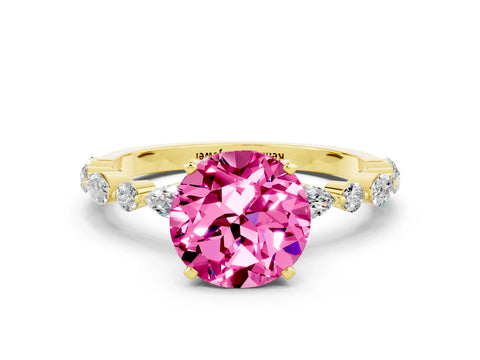 Yellow gold Round Cut Pink Sapphire Solitaire with Side Stones on a Pavé Band and Four-Prong Setting_24