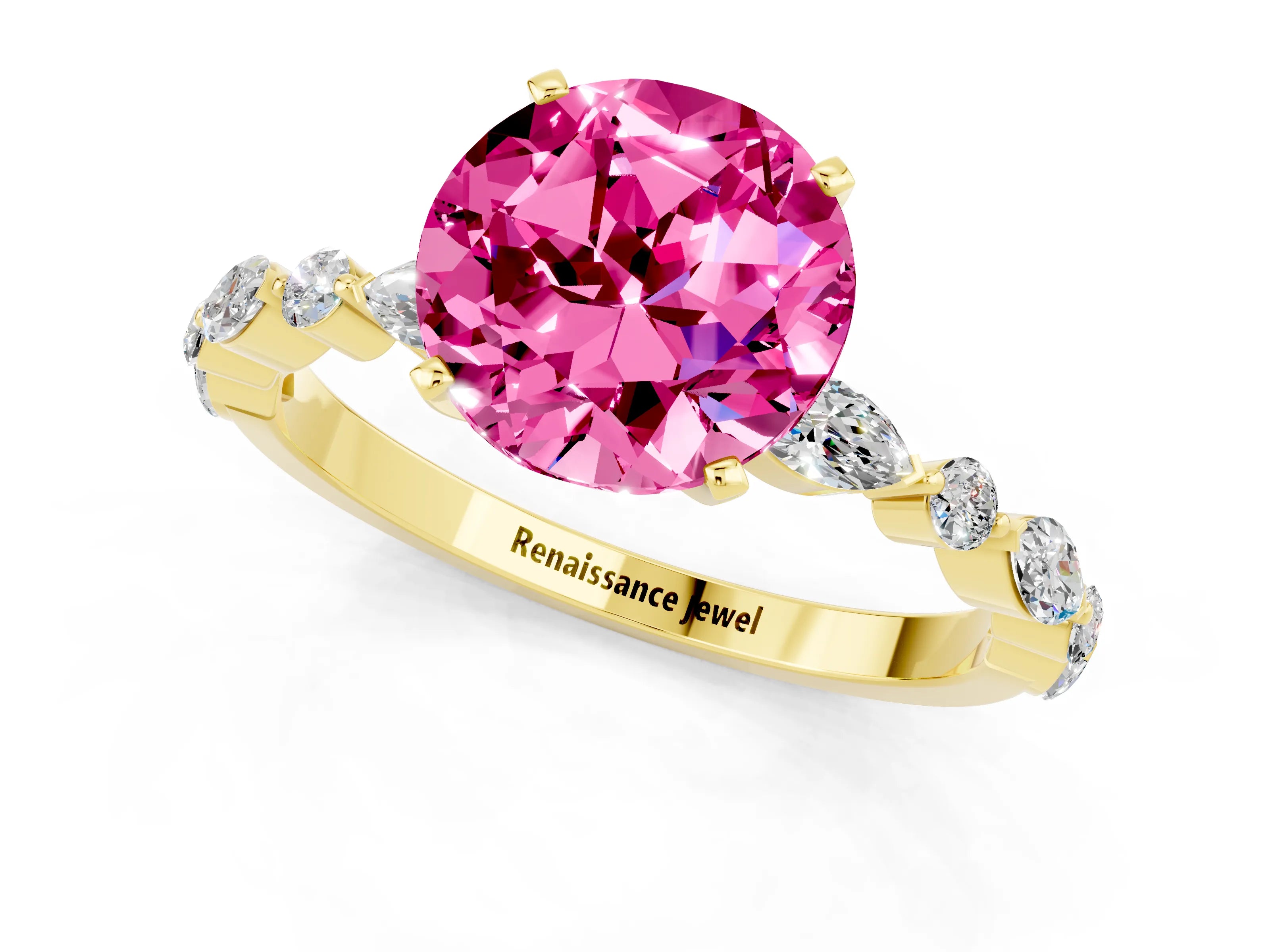 Yellow gold Round Cut Pink Sapphire Solitaire with Side Stones on a Pavé Band and Four-Prong Setting_25