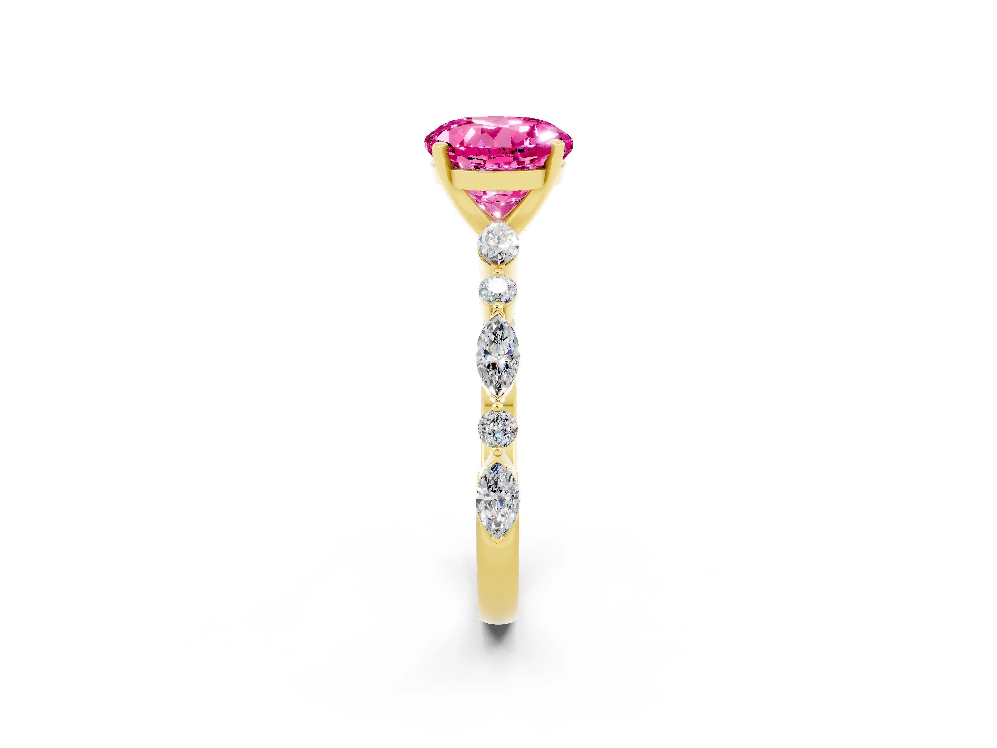Yellow gold Round Cut Pink Sapphire Solitaire with Side Stones on a Pavé Band and Four-Prong Setting_26