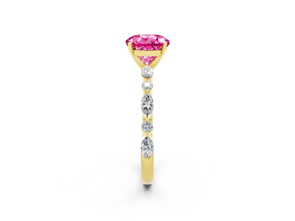 Yellow gold Round Cut Pink Sapphire Ring with Marquise and Round  Side Stones and Four-Prong Setting