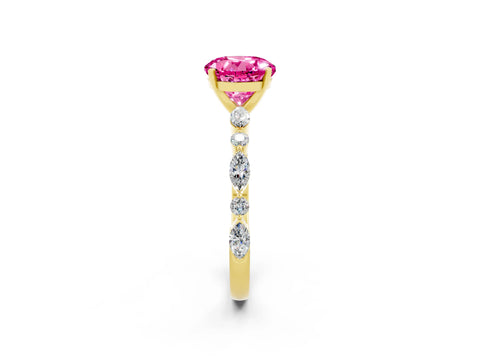 Yellow gold Round Cut Pink Sapphire Solitaire with Side Stones on a Pavé Band and Four-Prong Setting_26