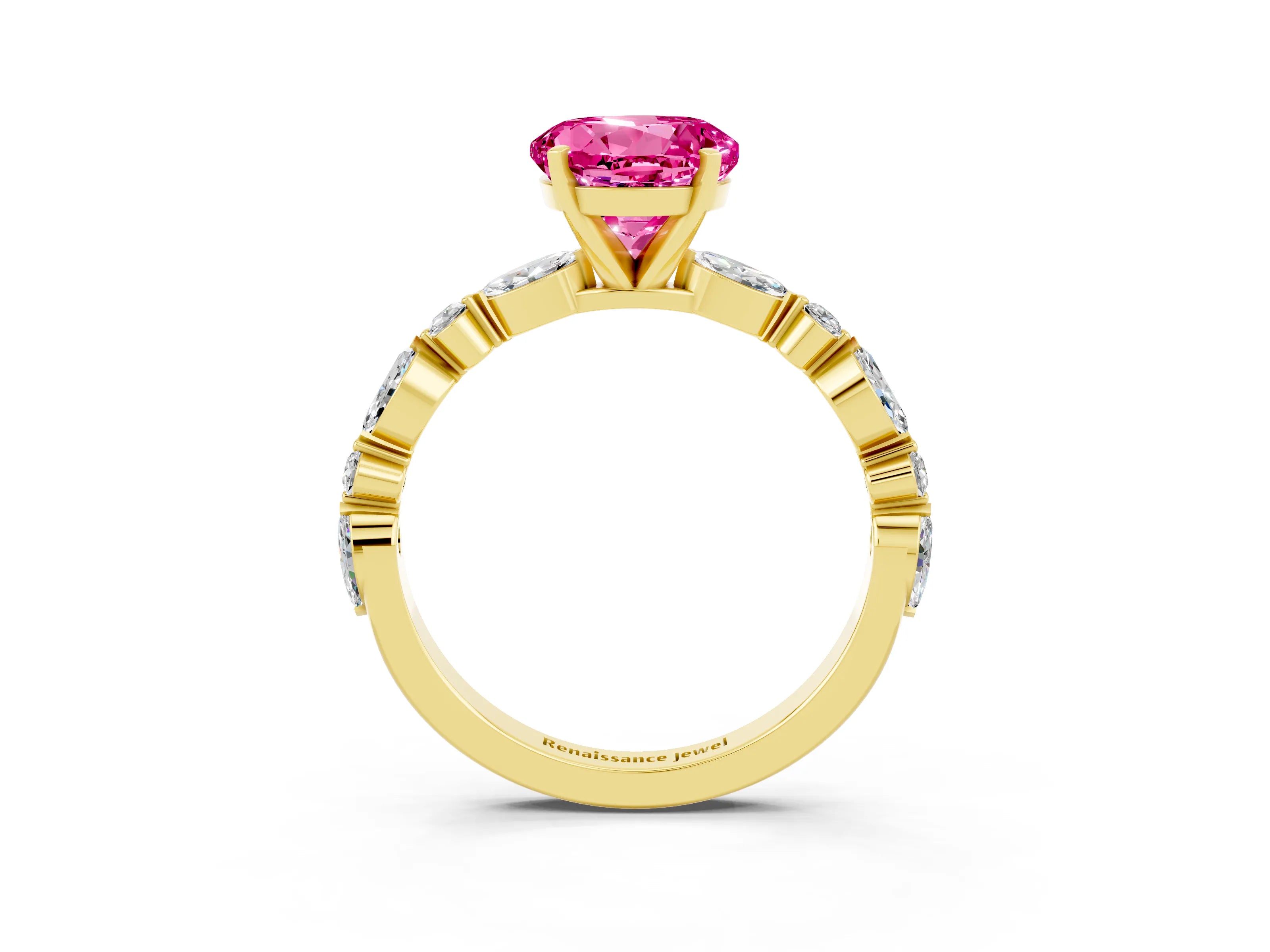 Yellow gold Round Cut Pink Sapphire Solitaire with Side Stones on a Pavé Band and Four-Prong Setting_27