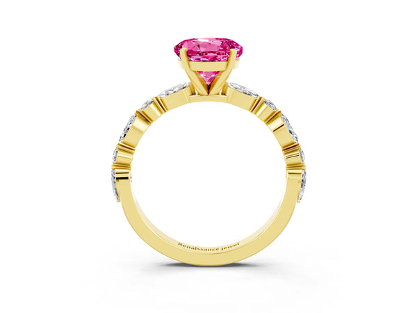 Yellow gold Round Cut Pink Sapphire Ring with Marquise and Round  Side Stones and Four-Prong Setting