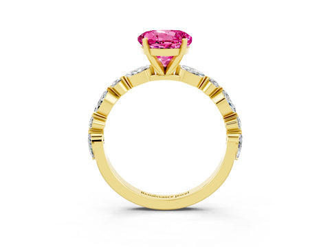 Yellow gold Round Cut Pink Sapphire Solitaire with Side Stones on a Pavé Band and Four-Prong Setting_27