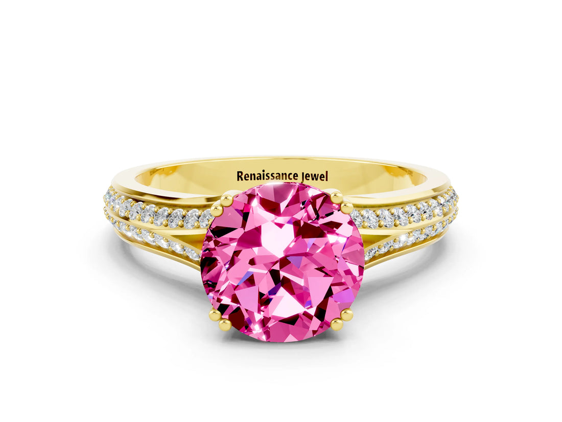 Yellow gold Round Cut Pink Sapphire Split Shank Engagement Ring with Pavé Band_24