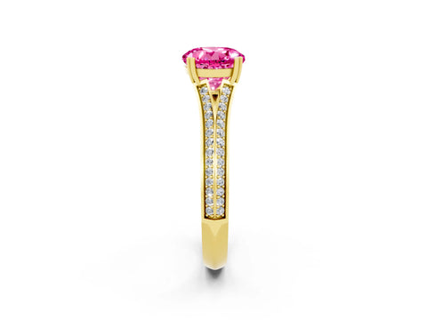 Yellow gold Round Cut Pink Sapphire Split Shank Engagement Ring with Pavé Band_26