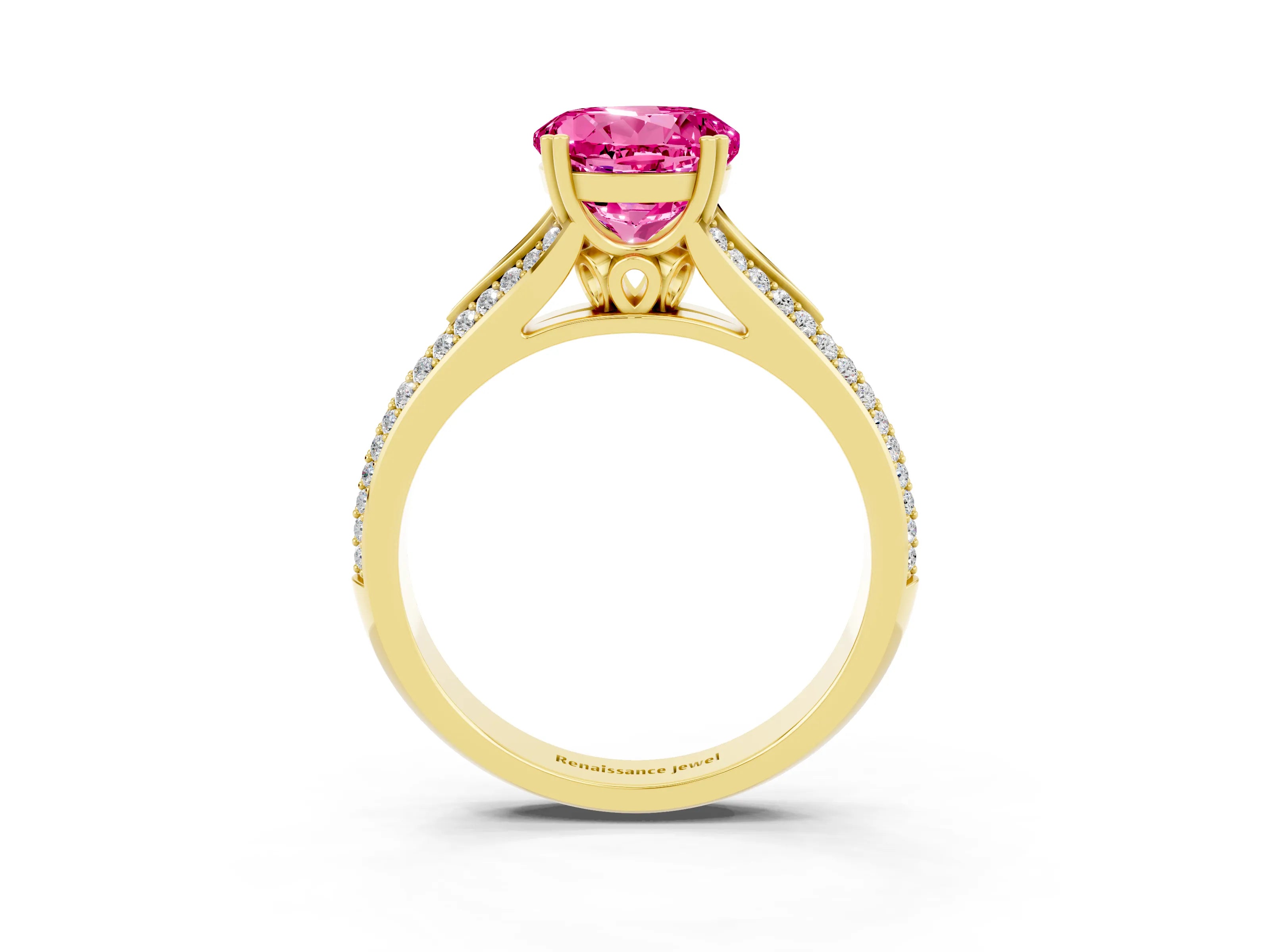 Yellow gold Round Cut Pink Sapphire Split Shank Engagement Ring with Pavé Band_27