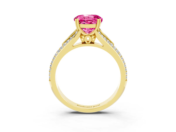 Yellow gold Round Cut Pink Sapphire Split Shank Engagement Ring with Pavé Band