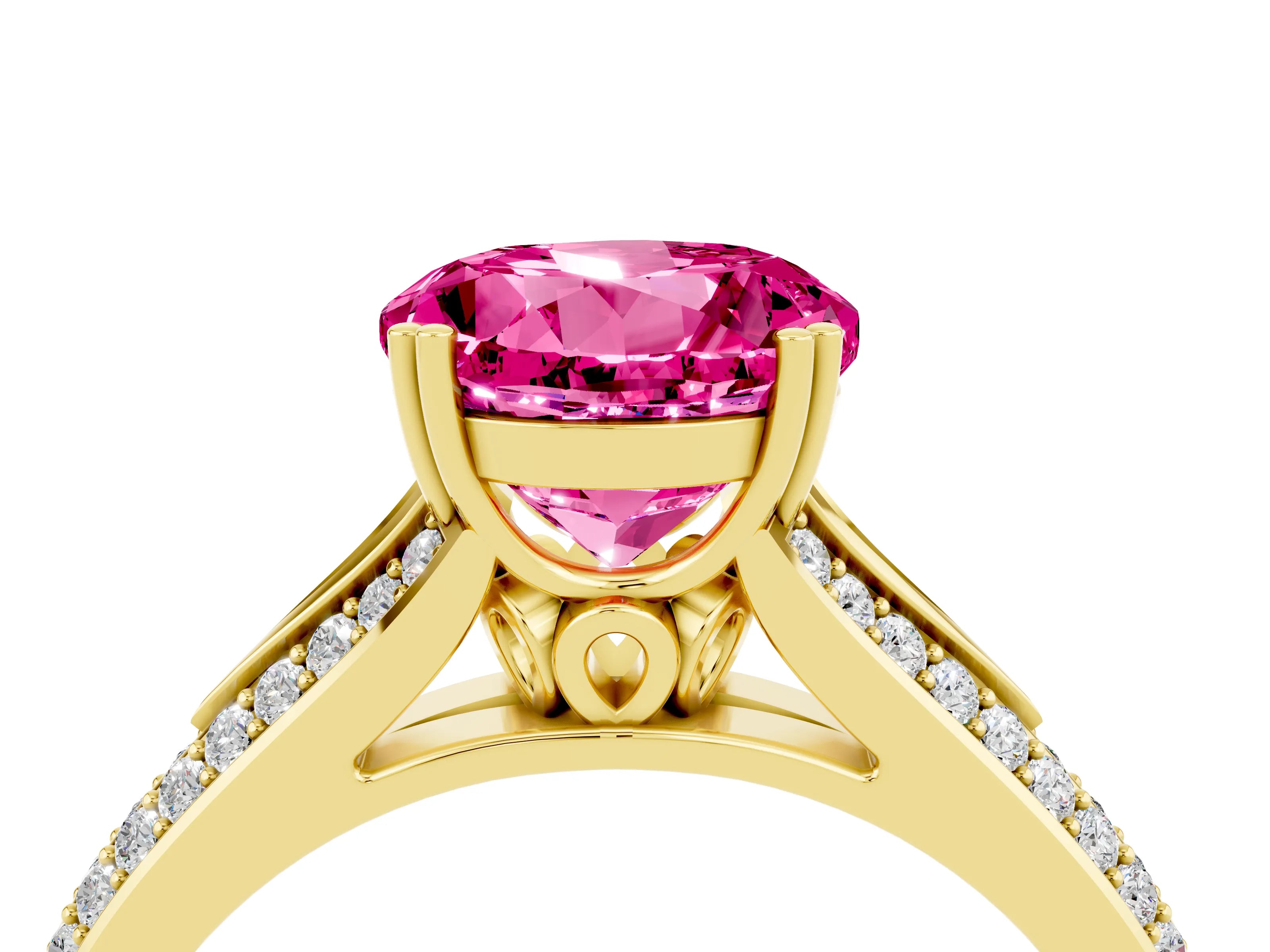 Yellow gold Round Cut Pink Sapphire Split Shank Engagement Ring with Pavé Band_28