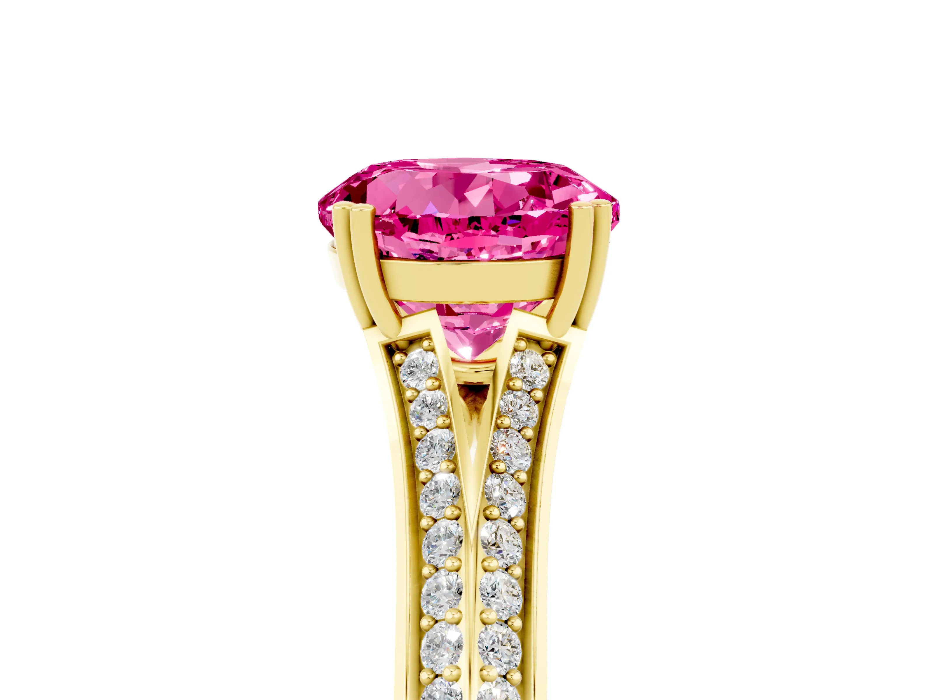 Yellow gold Round Cut Pink Sapphire Split Shank Engagement Ring with Pavé Band_29