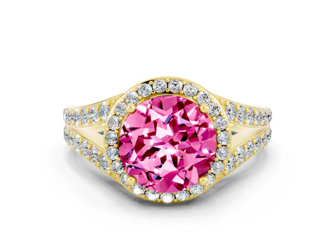 Yellow gold Round Cut Pink Sapphire Split Shank Halo Ring with Four-Prong Setting_12
