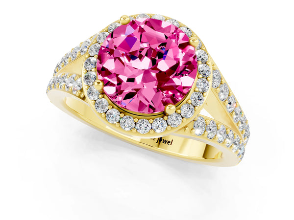 Yellow gold Round Cut Pink Sapphire Split Shank Halo Ring with Four-Prong Setting