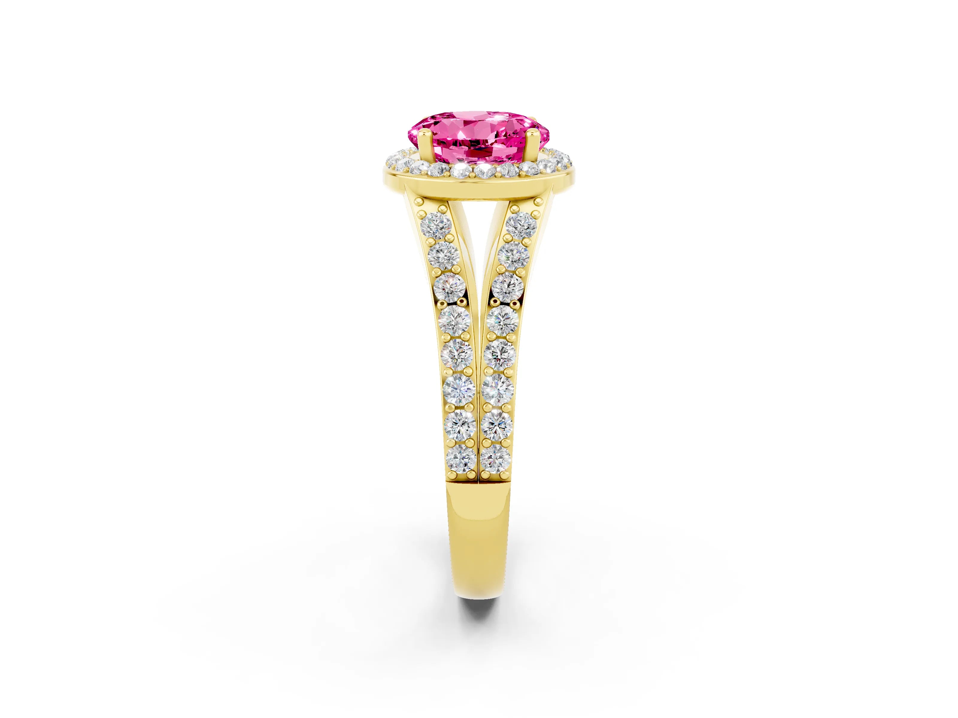 Yellow gold Round Cut Pink Sapphire Split Shank Halo Ring with Four-Prong Setting_14