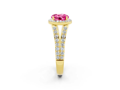 Yellow gold Round Cut Pink Sapphire Split Shank Halo Ring with Four-Prong Setting_14