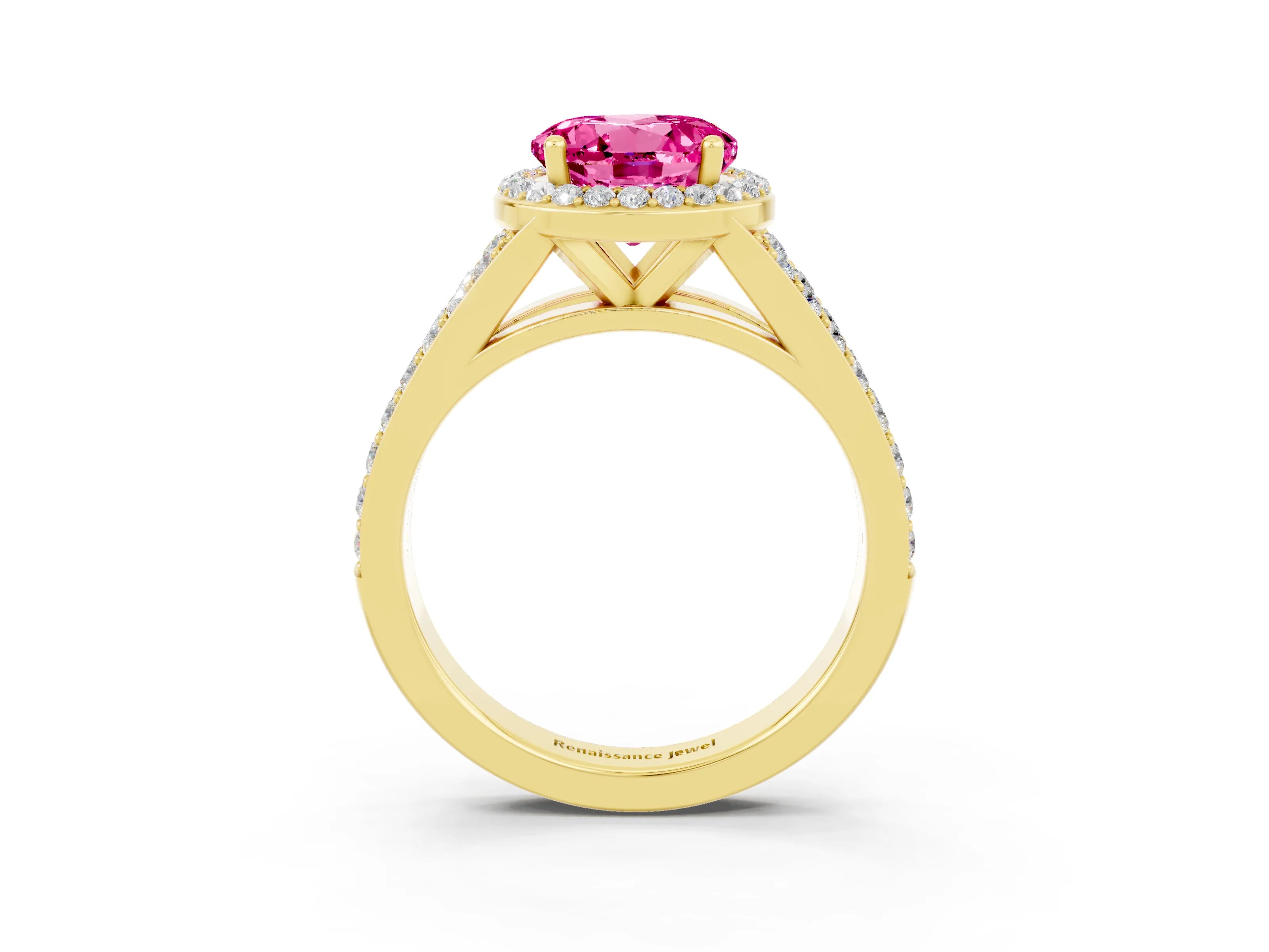 Yellow gold Round Cut Pink Sapphire Split Shank Halo Ring with Four-Prong Setting_15