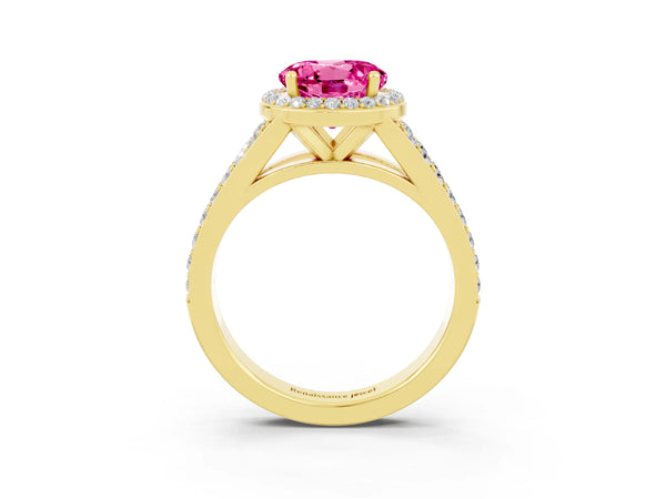 Yellow gold Round Cut Pink Sapphire Split Shank Halo Ring with Four-Prong Setting