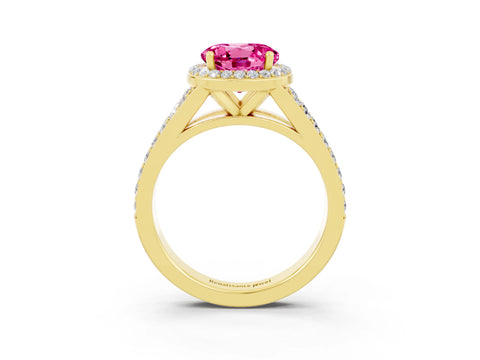 Yellow gold Round Cut Pink Sapphire Split Shank Halo Ring with Four-Prong Setting_15