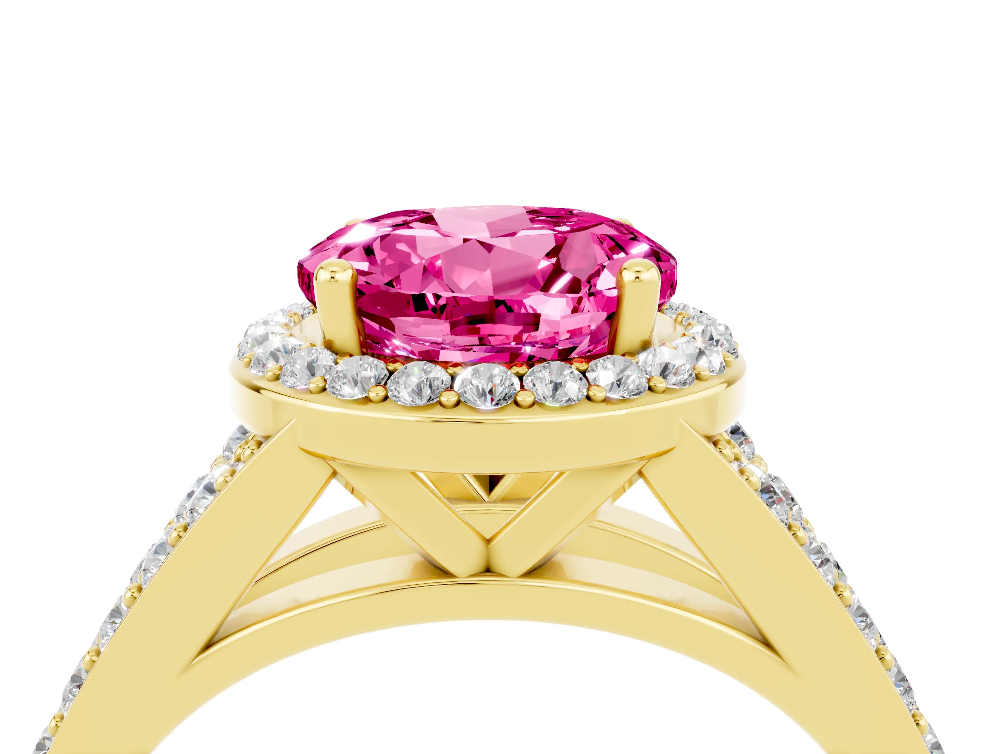 Yellow gold Round Cut Pink Sapphire Split Shank Halo Ring with Four-Prong Setting_16