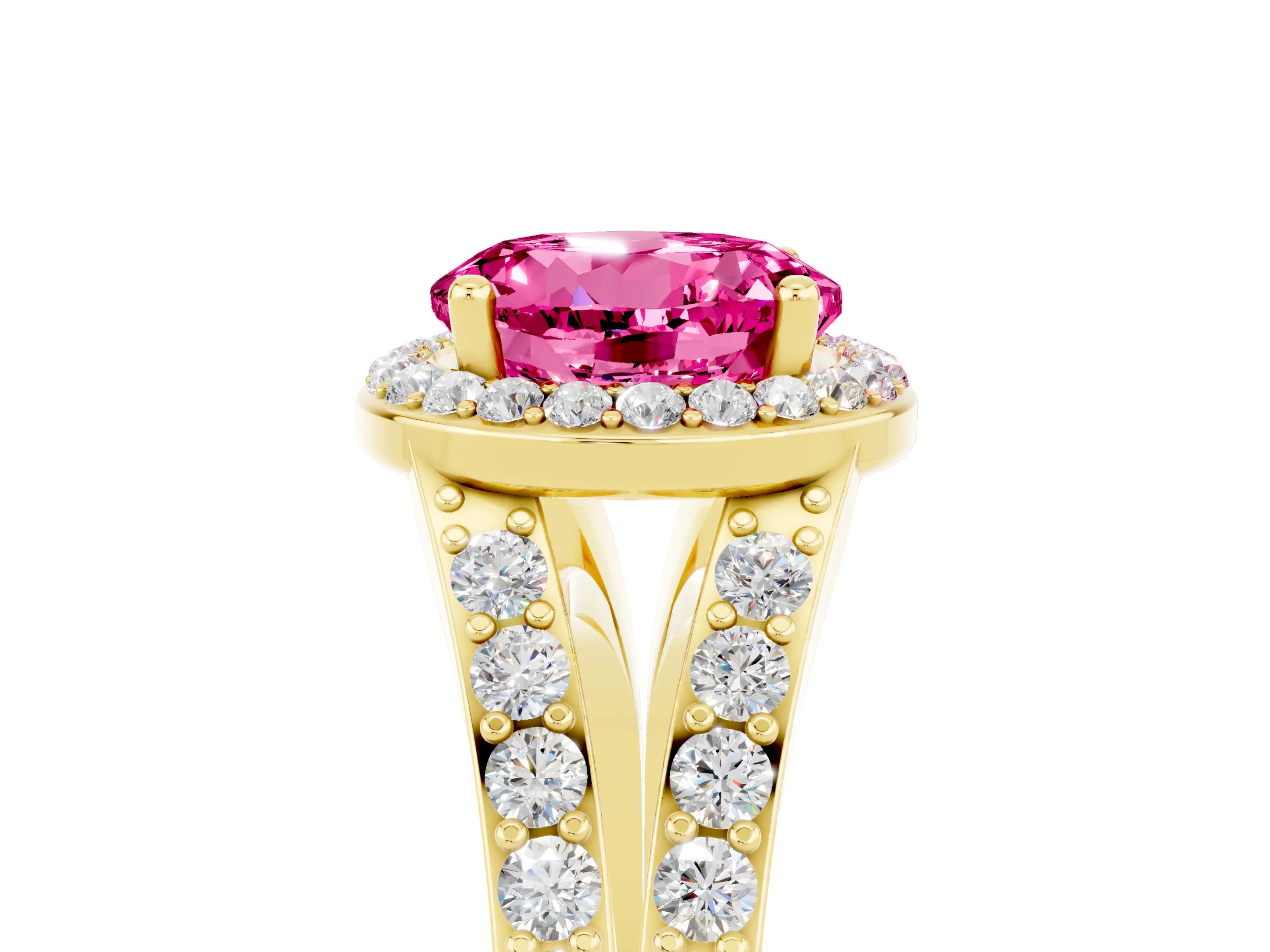 Yellow gold Round Cut Pink Sapphire Split Shank Halo Ring with Four-Prong Setting_17