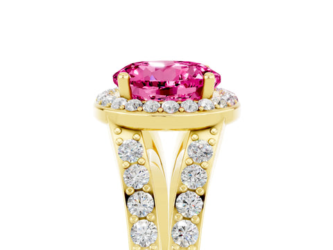 Yellow gold Round Cut Pink Sapphire Split Shank Halo Ring with Four-Prong Setting_17