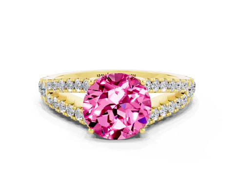Yellow gold Round Cut Pink Sapphire Split Shank Pavé Engagement Ring with Four-Prong Setting_12