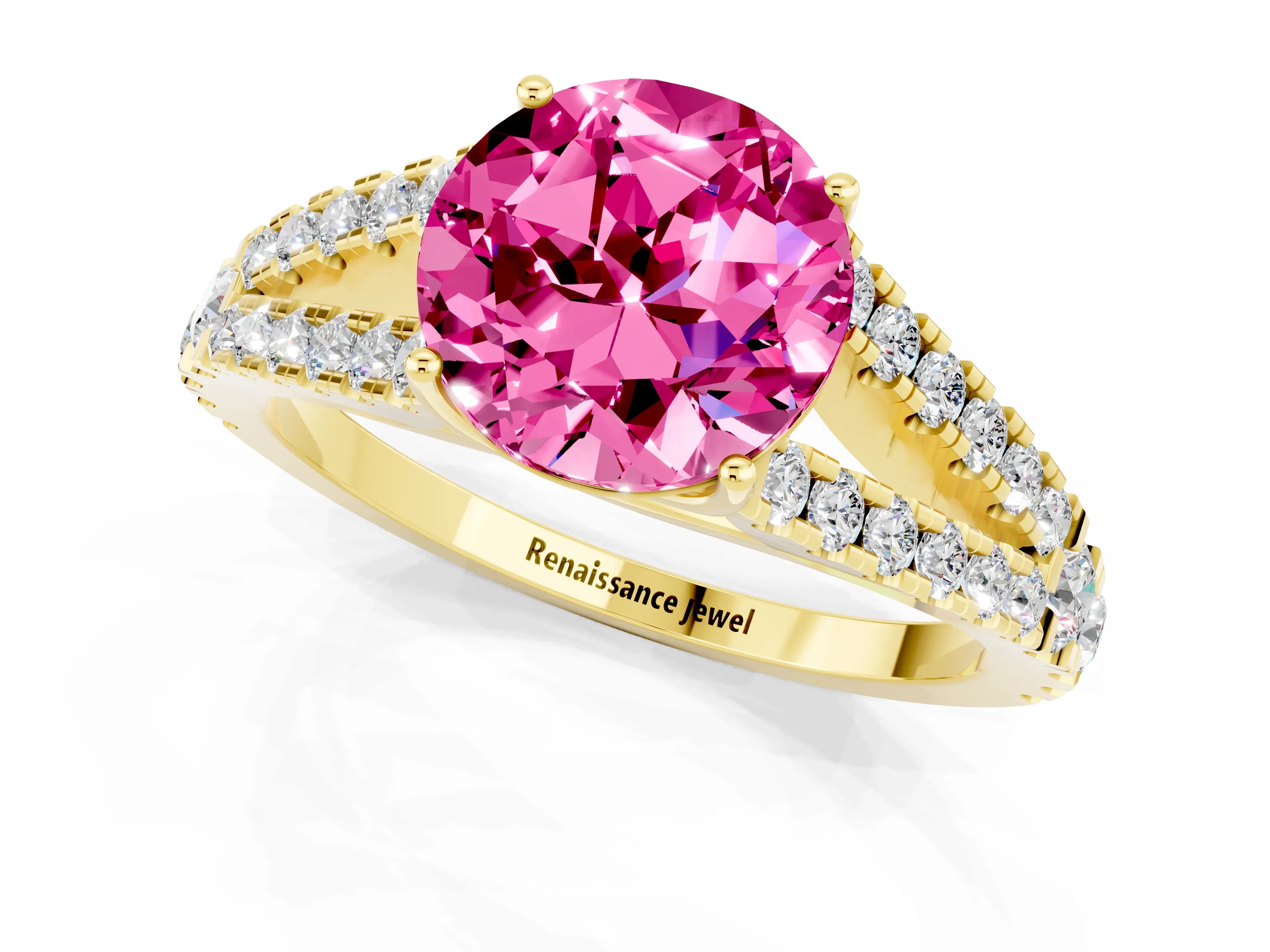 Yellow gold Round Cut Pink Sapphire Split Shank Pavé Engagement Ring with Four-Prong Setting_13
