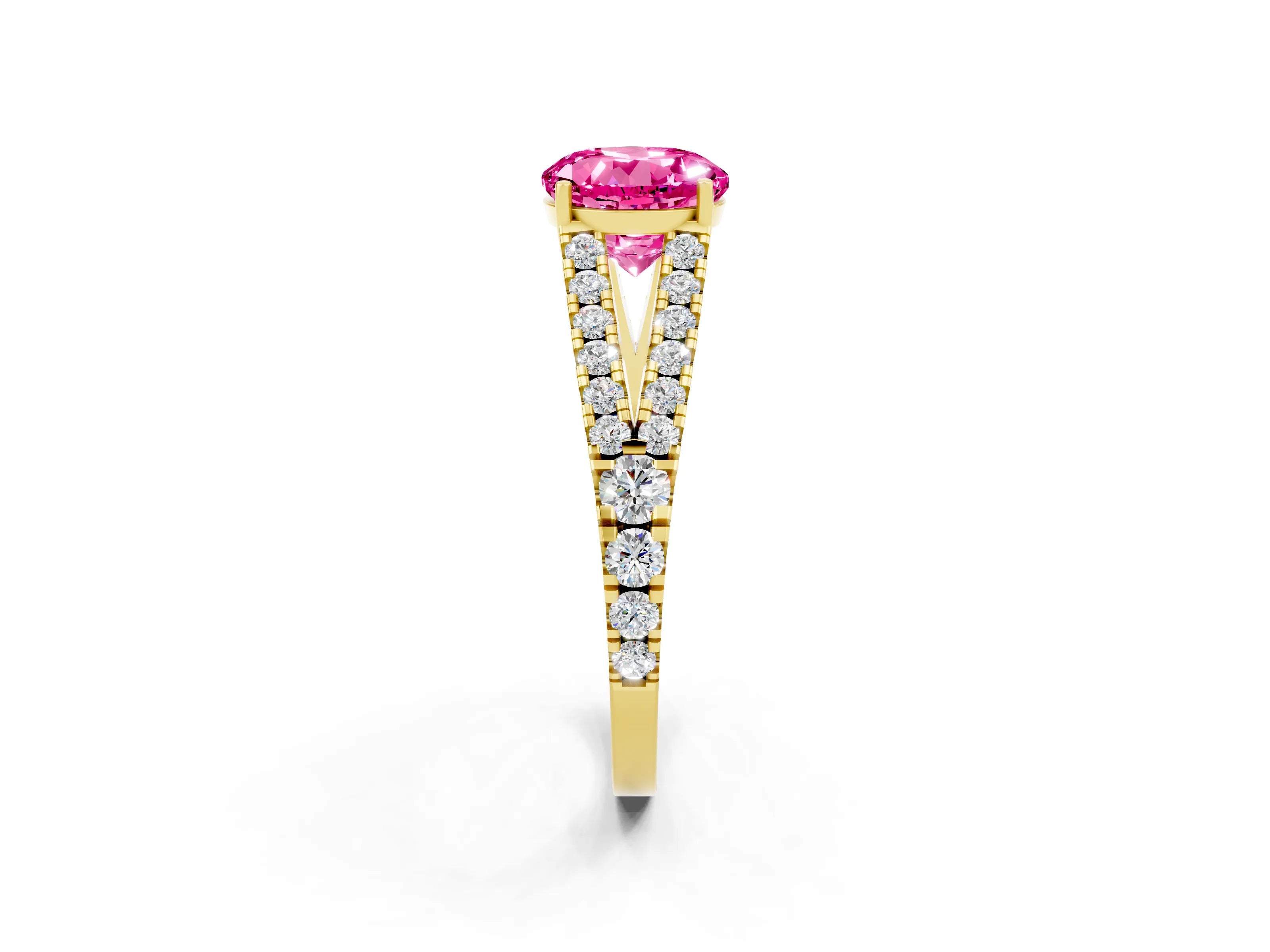 Yellow gold Round Cut Pink Sapphire Split Shank Pavé Engagement Ring with Four-Prong Setting_14